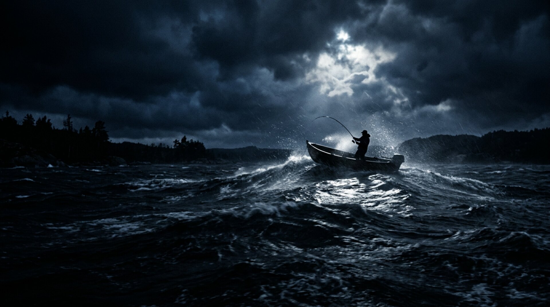 Storm over dark water, a lone boat silhouette under the moon